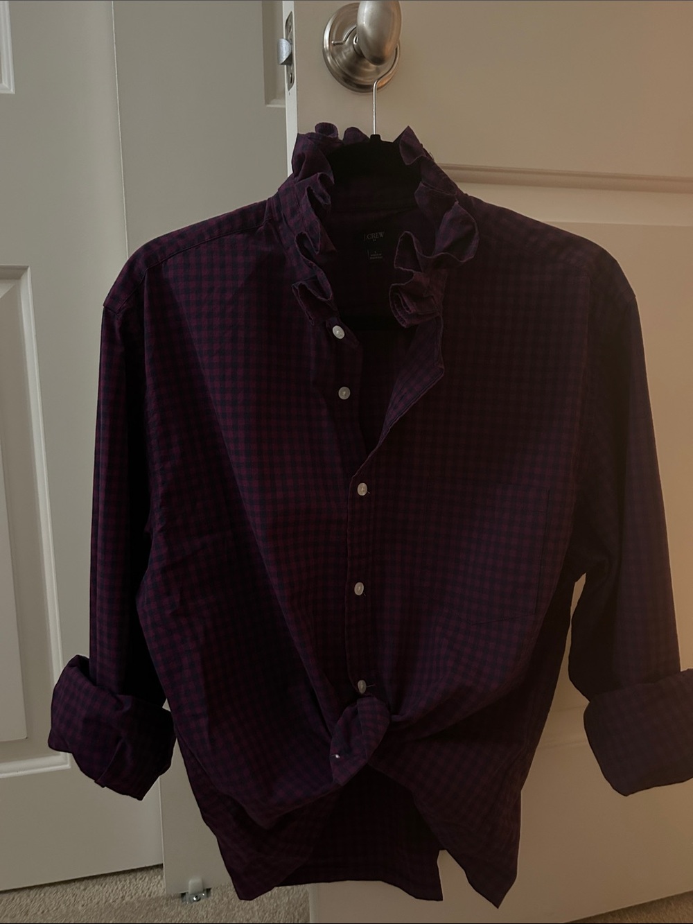 J Crew Purple Check Ruffle Collar Button-Up Shirt